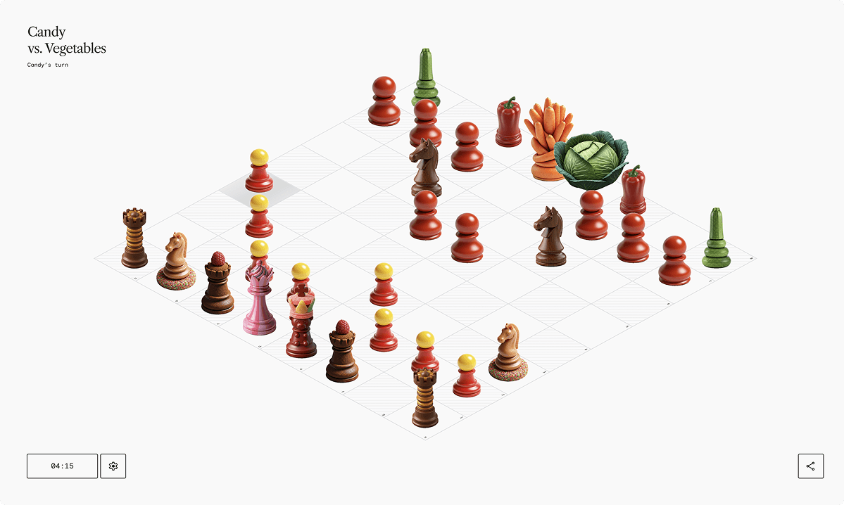 Isometric chessboard filled with edible pieces: candy figures (red and pink) vs. vegetable figures like cabbage, carrots, and peppers in a playful match.