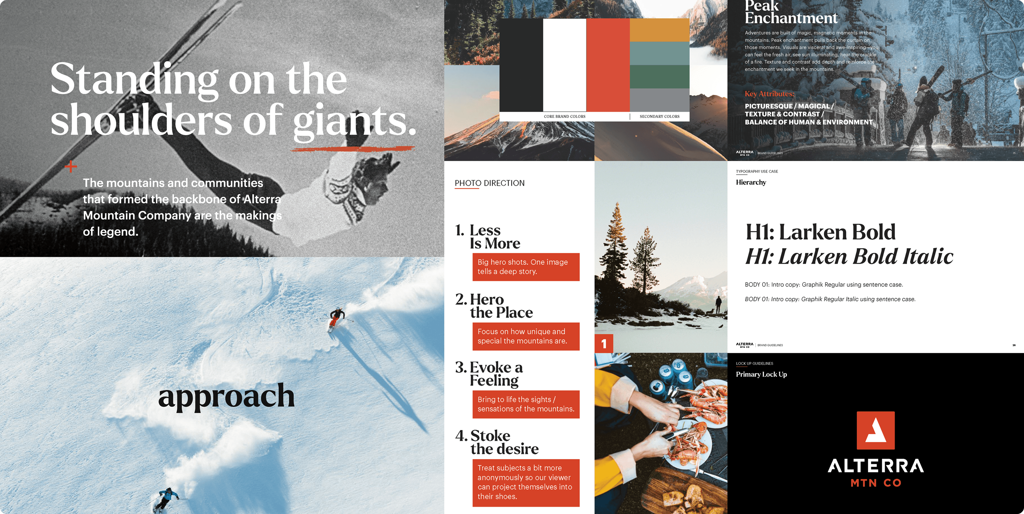 Collage of mountain photography and typography layouts, featuring a bold headline 'Standing on the shoulders of giants,' a climber on snow, and color/typography swatches.