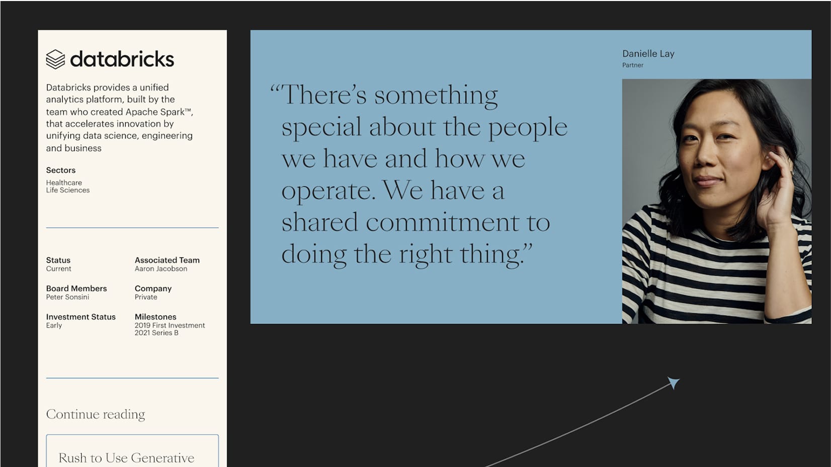 Databricks page with a white left sidebar logo and text, a blue central quote panel, and a portrait of a person in a striped shirt on the right.