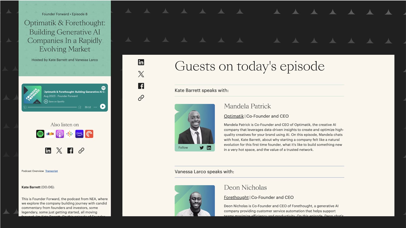 Two-column podcast episode page: a teal promo card on the left and beige guest bios with avatar photos on the right, set on a dark patterned background.