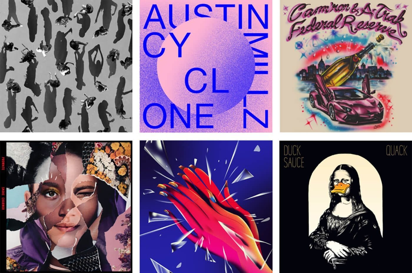 Six album covers in a grid: grayscale silhouettes; pink circle with blue text; colorful car art; torn collage portrait; neon hands; Mona Lisa with a duck bill.