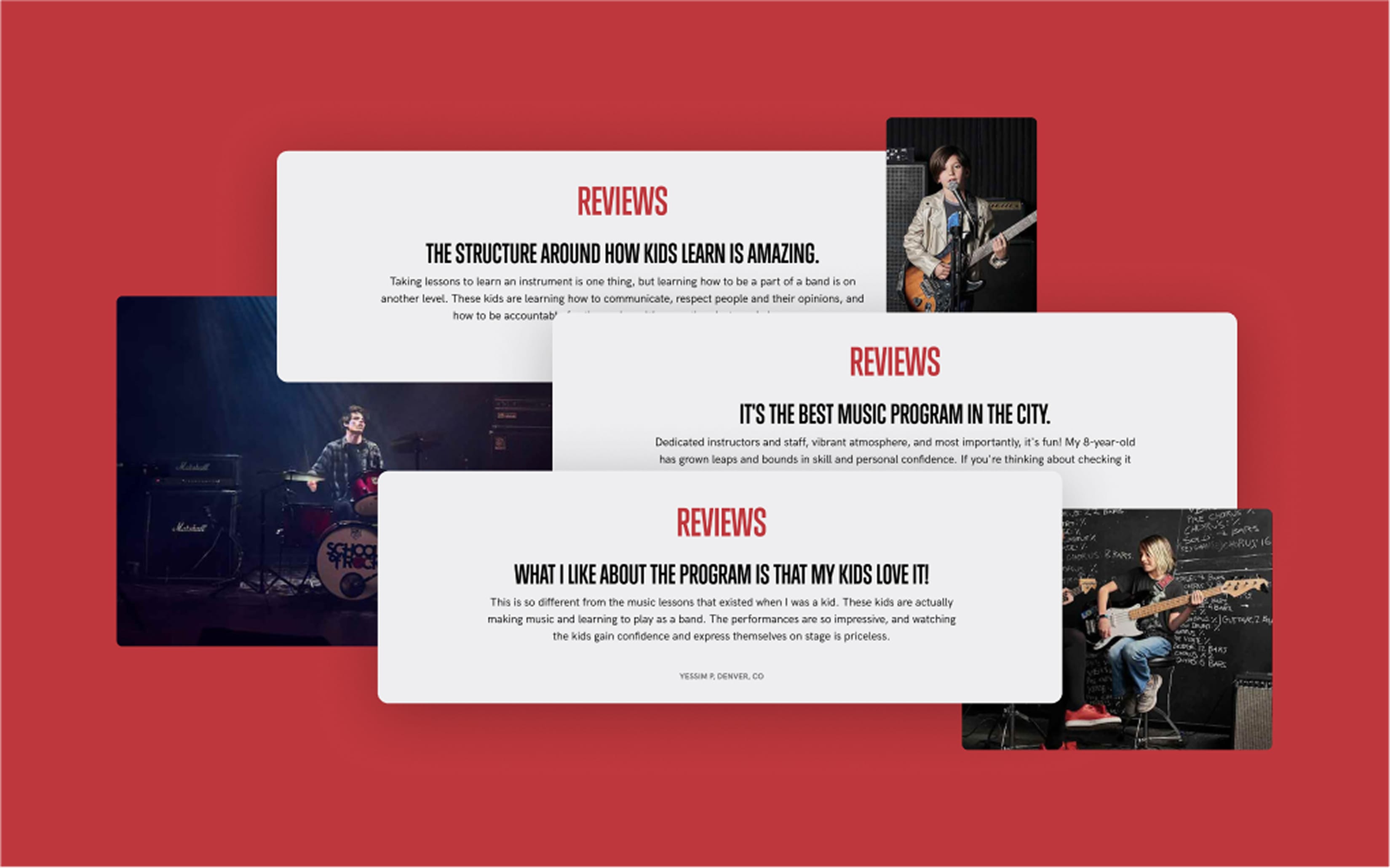 Red background with several overlapping white panels labeled REVIEWS, featuring brief text and small photos of musicians playing guitar and drums.