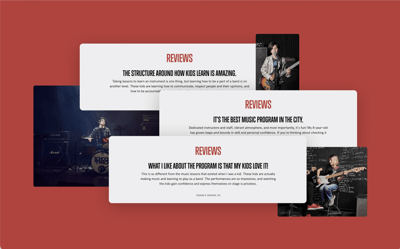 Overlapping white review cards with red 'REVIEWS' headings float on a red backdrop, with side photos of musicians playing guitar and drums.