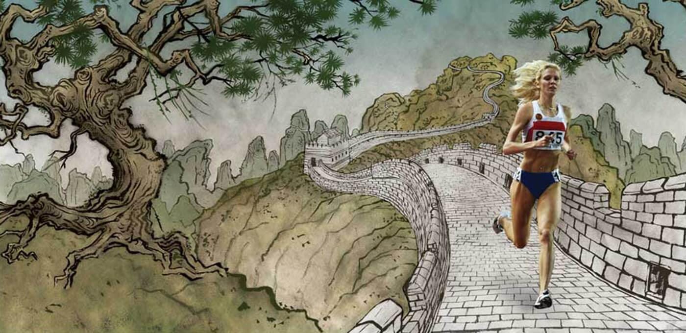 A runner in blue shorts and a white top jogs along a winding stone wall in a stylized landscape with gnarled trees and rugged hills.