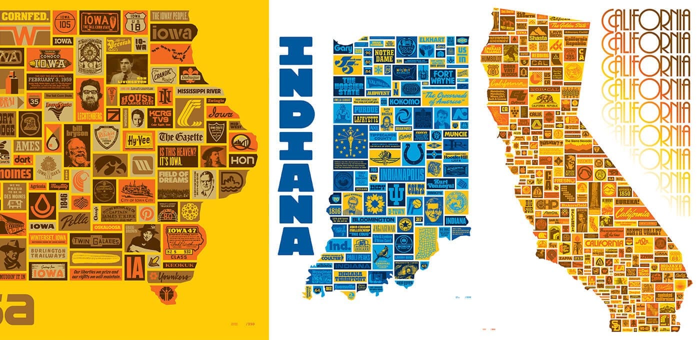 Three state map collage: left yellow United States map filled with vintage logos, center blue Indiana map, right orange California map with repeating California text.
