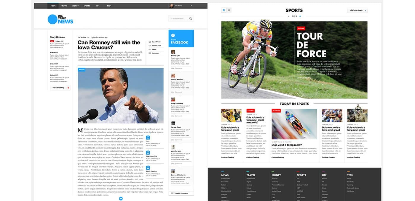 Side-by-side web layouts: left shows a news article with a speaker image; right features a cycling story with a cyclist and the “Tour De Force” headline.