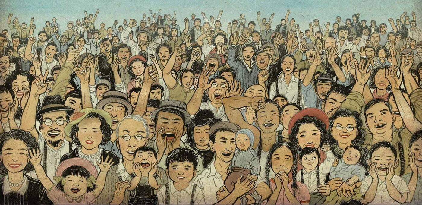 A large, diverse crowd outdoors with arms raised, smiling and cheering, showing joyful energy.