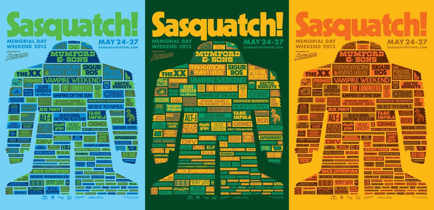 Three Sasquatch! festival posters in blue, green, and orange show a large Sasquatch silhouette filled with band names and Memorial Day details (May 24–27, 2013).