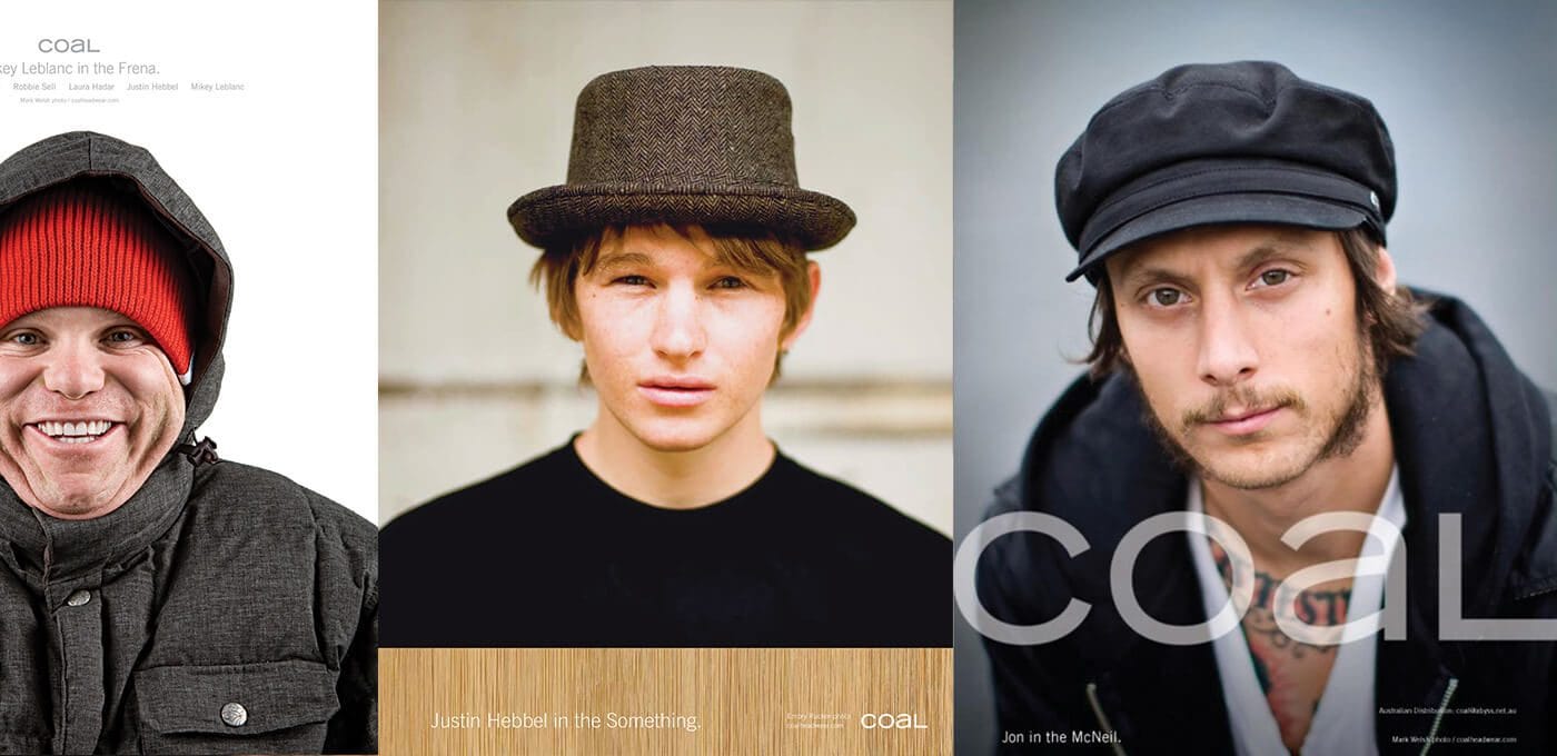 Triptych of three portraits: left in gray hooded jacket and red beanie, smiling; center in brown hat and black shirt; right in black cap and hoodie with watermark.