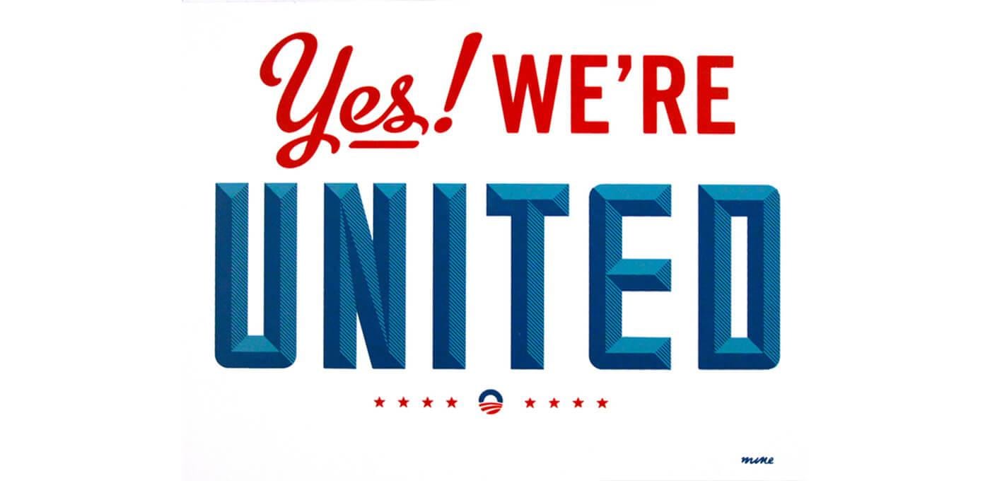 Red cursive "Yes! We're" above bold blue 3D UNITED on white, with small red stars and a red-blue circular emblem beneath.