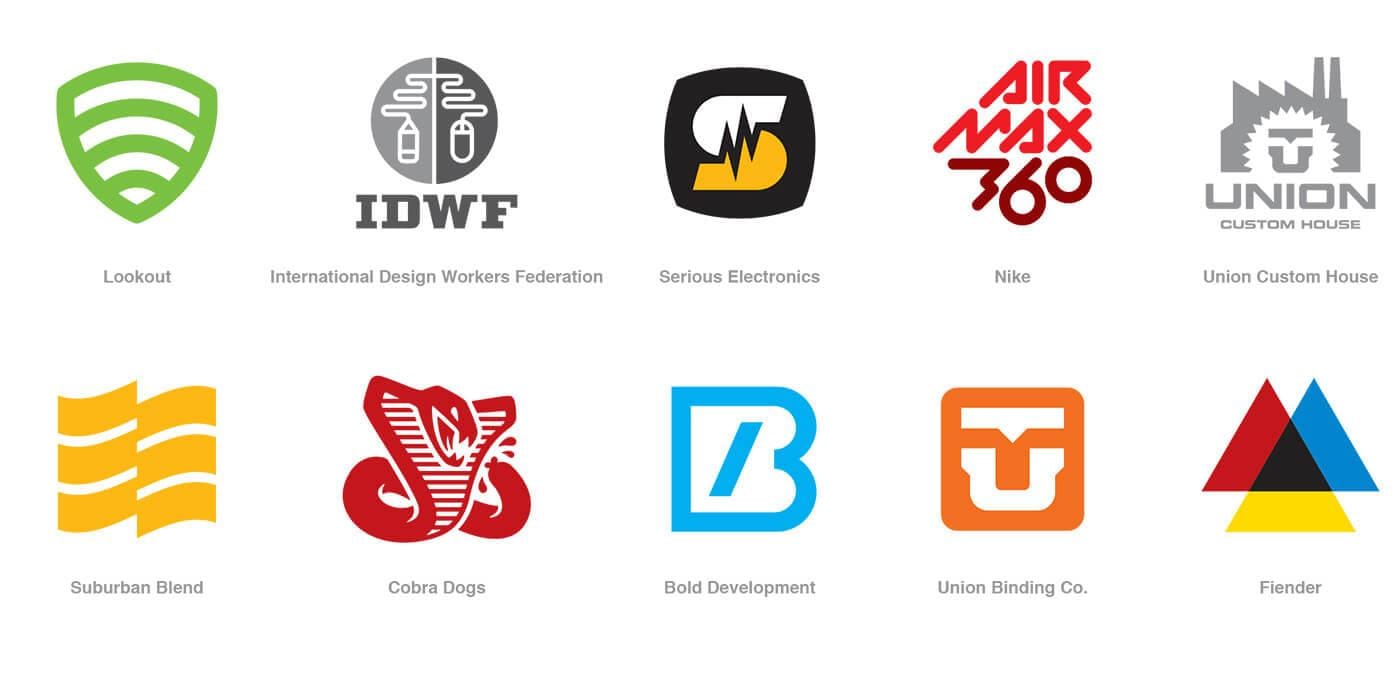 Grid of ten logos on a white background with captions: Lookout, IDWF, Serious Electronics, Nike, Union Custom House, Suburban Blend, Cobra Dogs, Bold Development, Union Binding Co., Fiender.