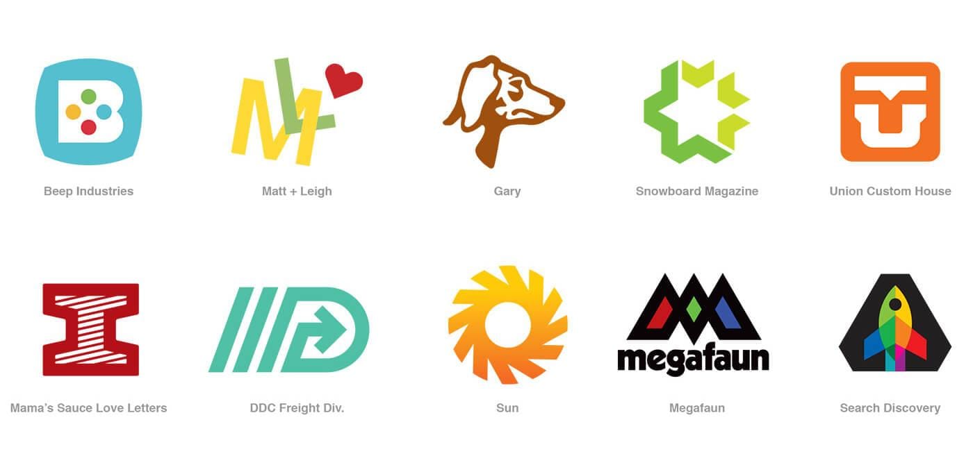 Two rows of colorful logos with brand names: Beep Industries, Matt + Leigh, Gary, Snowboard Magazine, Union Custom House, Mama’s Sauce Love Letters, DDC Freight Div., Sun, Megafaun, Search Discovery.