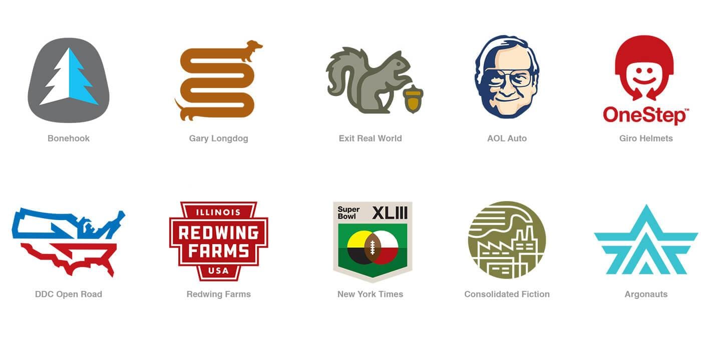 A grid of ten logos with captions: Bonehook, Gary Longdog, Exit Real World, AOL Auto, Giro Helmets, DDC Open Road, Redwing Farms, New York Times, Consolidated Fiction, Argonauts.