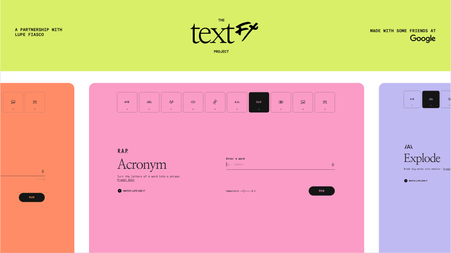 Bright lime header with The Text FX Project logo; below, three pastel panels (orange, pink, lavender) show UI mockups with a black Run button on each.