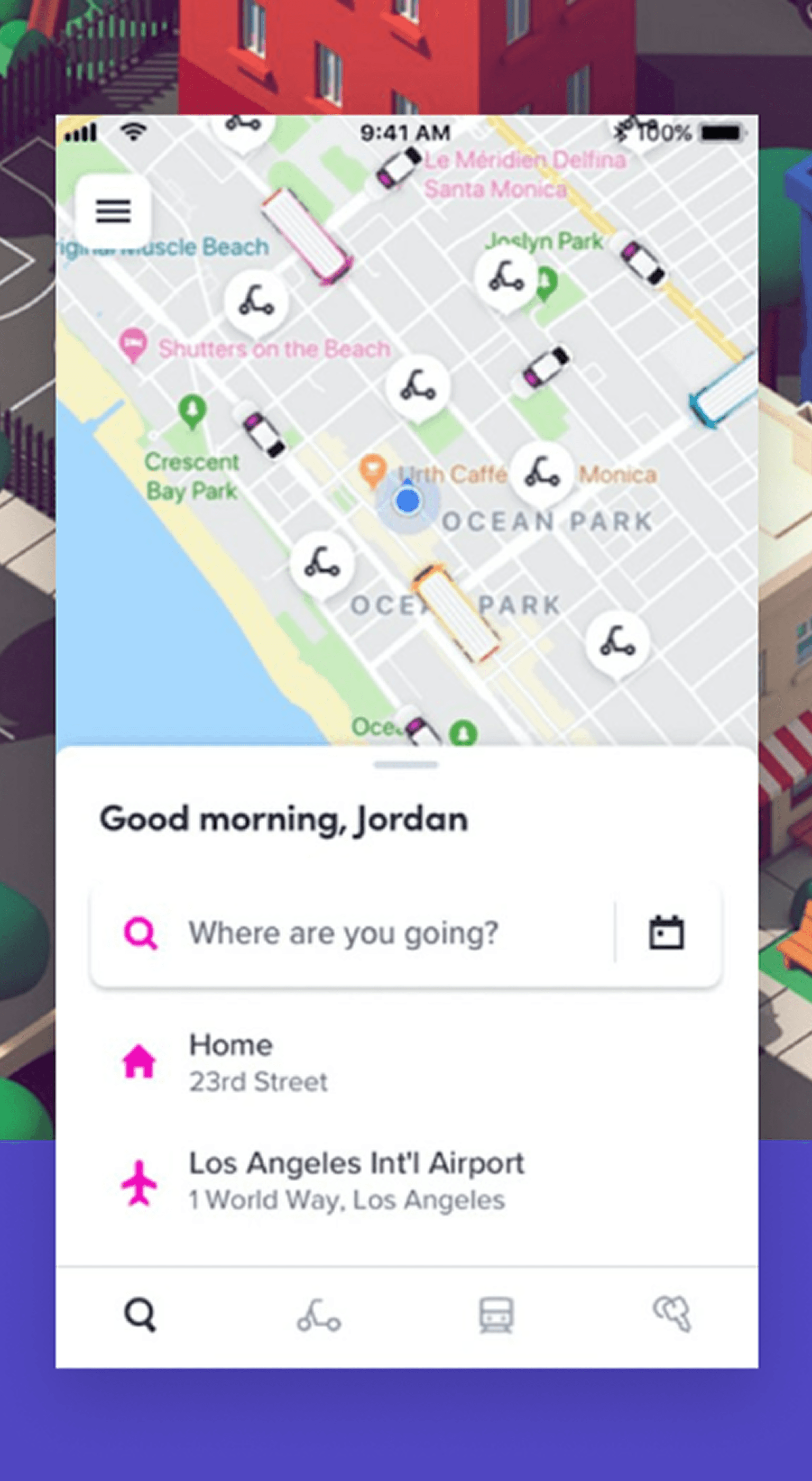 Mobile app screen showing a city map with location pins and a blue user dot, a greeting "Good morning, Jordan," a search bar, and options like Home and Los Angeles Intl Airport.
