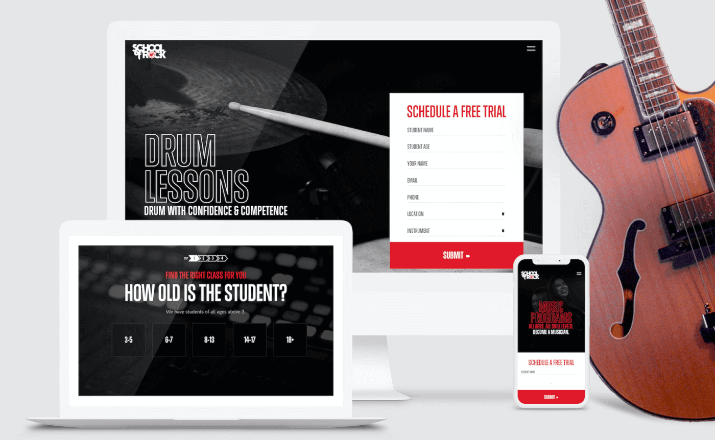 Multi-device collage displaying a drum lessons site with a free-trial signup form; an orange guitar is on the right.