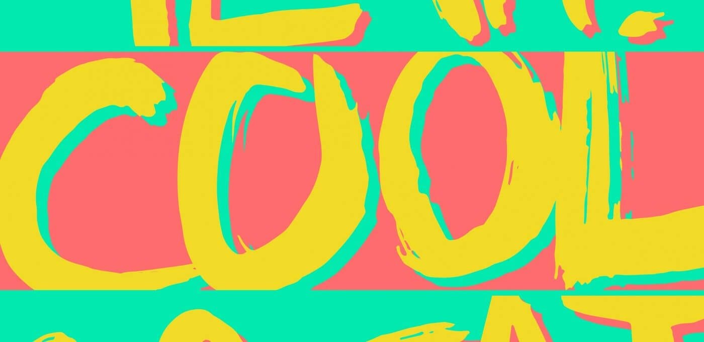 Bold pop-art style with large yellow brush-stroke letters across pink and turquoise panels.