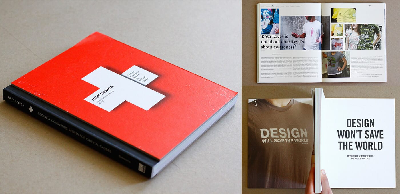 Red hardcover book atop a black-spined book on a beige surface; open pages show a collage and bold text: DESIGN WILL SAVE THE WORLD and DESIGN WON'T SAVE THE WORLD.