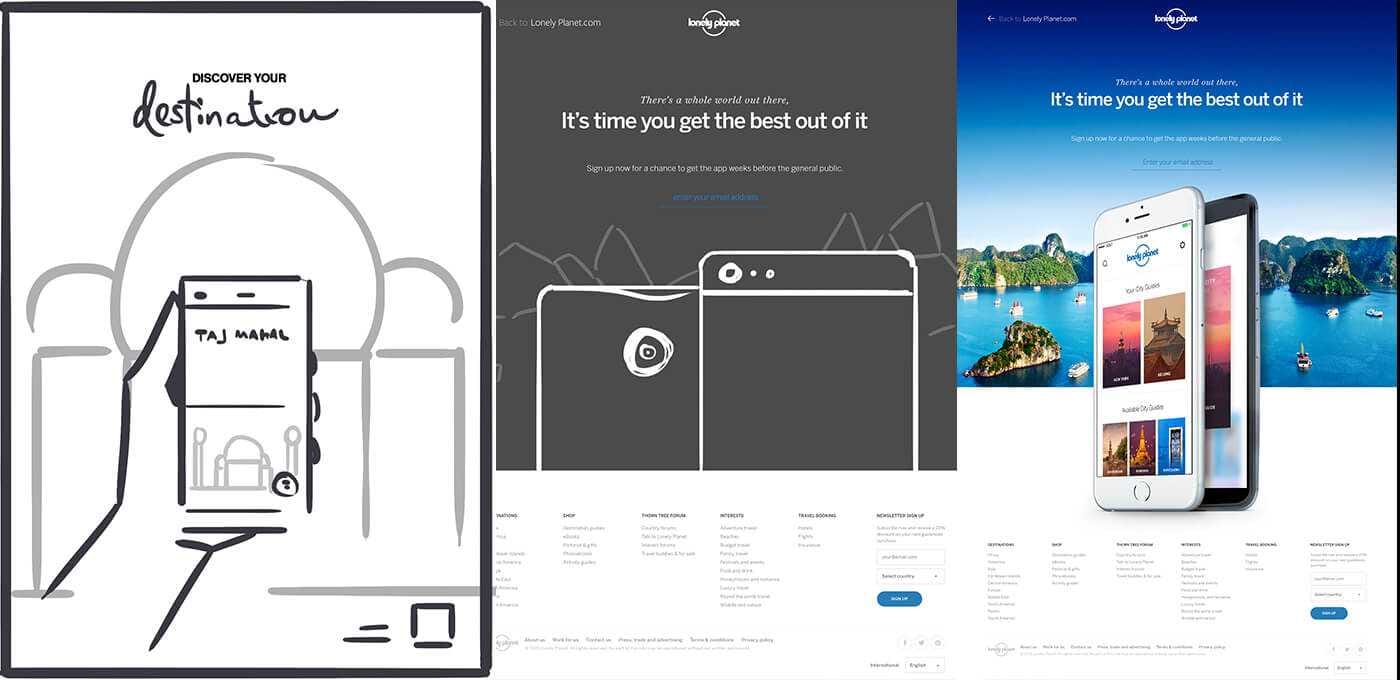Triptych: left line-drawn figure holding a phone with 'discover your destination'; center dark webpage with 'It's time you get the best out of it'; right blue travel banner with phones and island scenery.