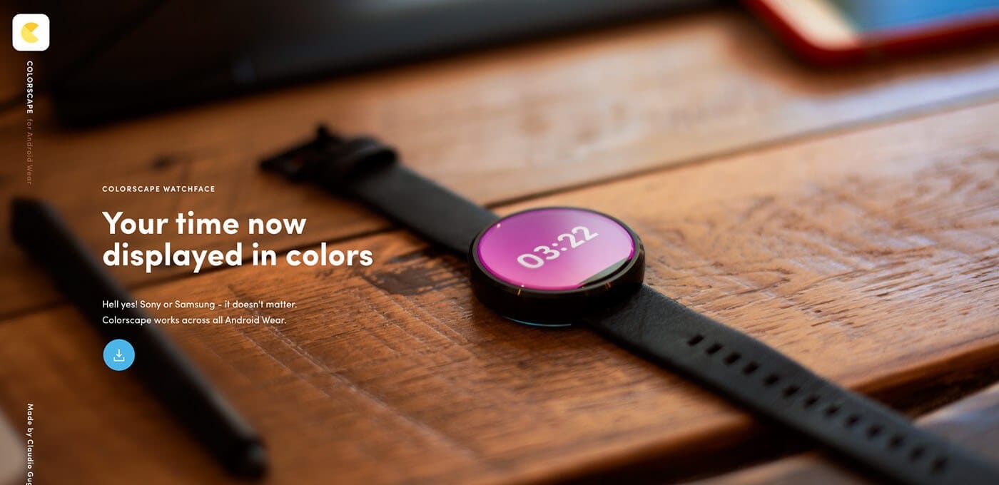 Round smartwatch with a pink-purple gradient face and black strap on a wooden table, overlaid with white promotional text.