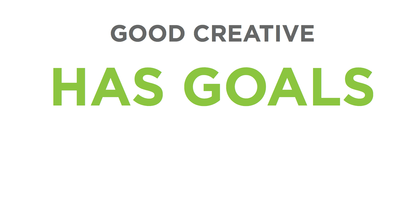 White background featuring centered gray text 'GOOD CREATIVE' above oversized lime-green text 'HAS GOALS'.