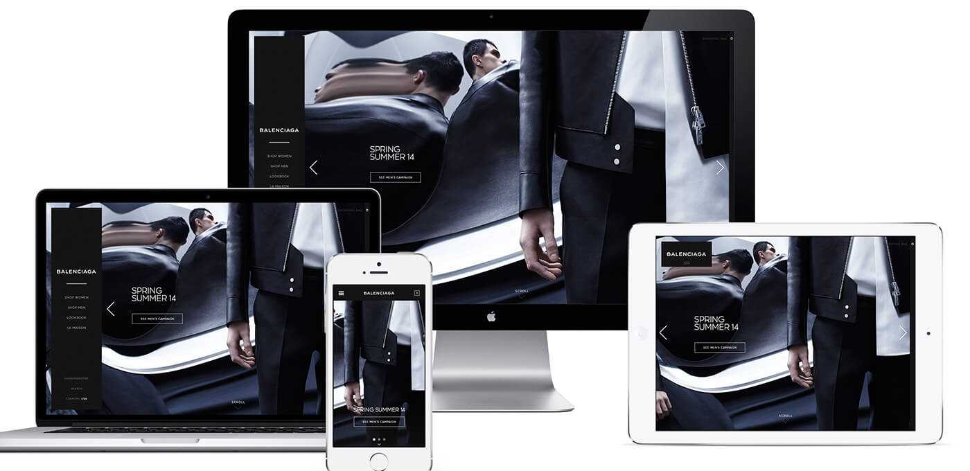 Multiple screens on a collage show Balenciaga Spring Summer 14 ad with models in dark, tailored outfits.