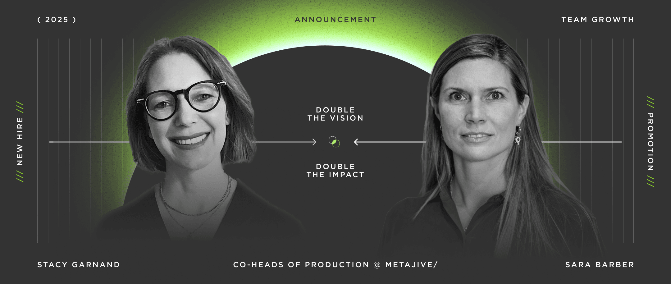 Two grayscale portraits on a dark banner with neon green glow, a central arc and arrows, and the phrases "Double the Vision" and "Double the Impact".