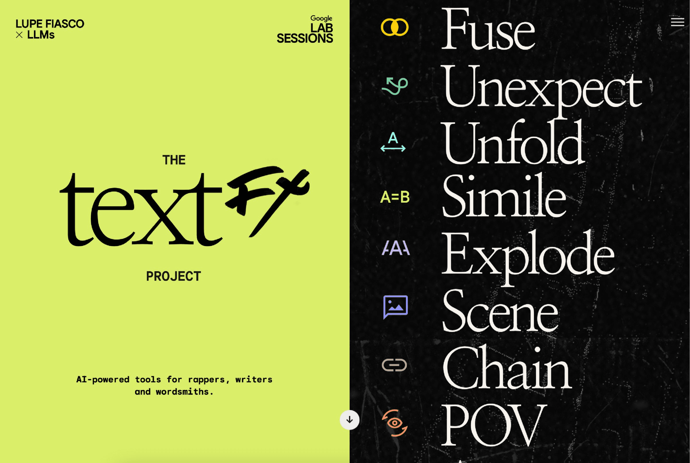 Split poster: left lime-green field with a large "text fx" logo; right black panel featuring tall white words such as Fuse, Unexpected, Unfold, Smile, POV.