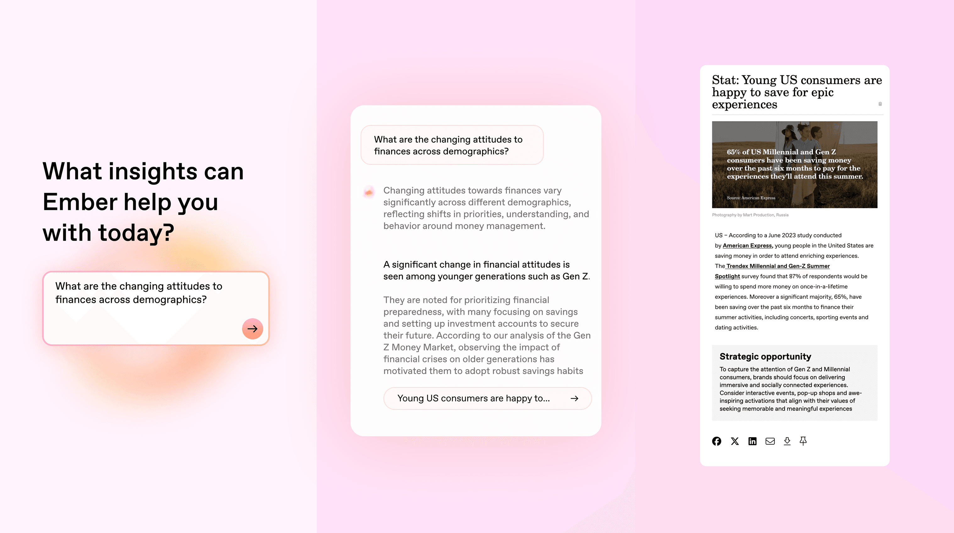 Three-panel UI on a pink gradient: left bold question with a glowing chat bubble, middle white card with text and rounded CTA, right mobile article with image.