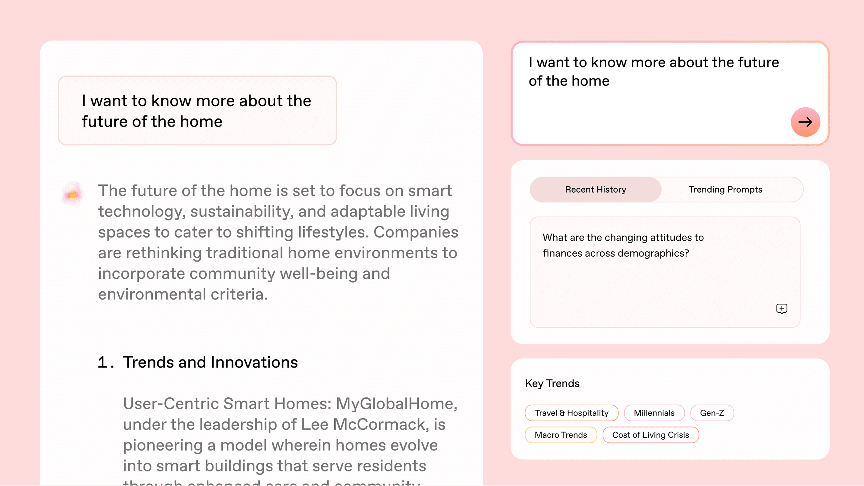 Pastel pink UI mockup with a large left article card about the future of the home, a right prompt card with an arrow, and sections for trends and key-trends tags.