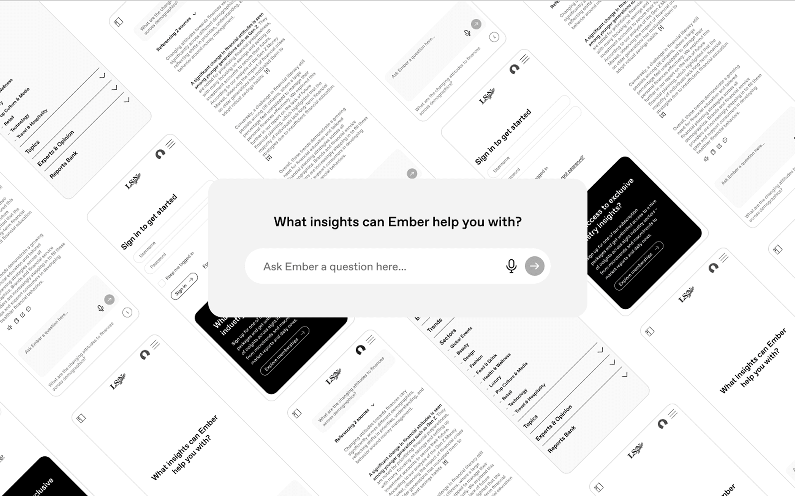 Grayscale collage of mobile app screens with a centered rounded chat box reading "What insights can Ember help you with?" and input "Ask Ember a question here...".