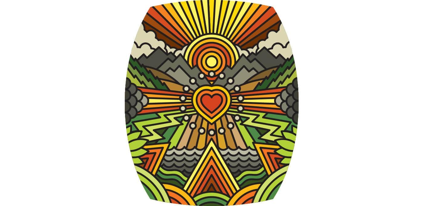 Bright, symmetrical abstract scene inside an oval: a central heart with radiating lines, sunburst, mountains, and geometric hills in warm tones.