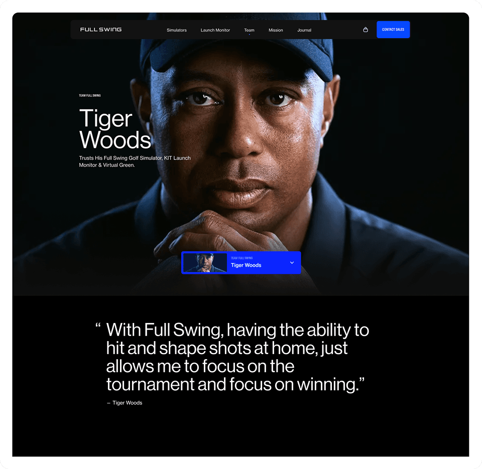 Close-up portrait of a person wearing a dark cap; blue dropdown card and bold heading on the left, with a white quote on a black background below.