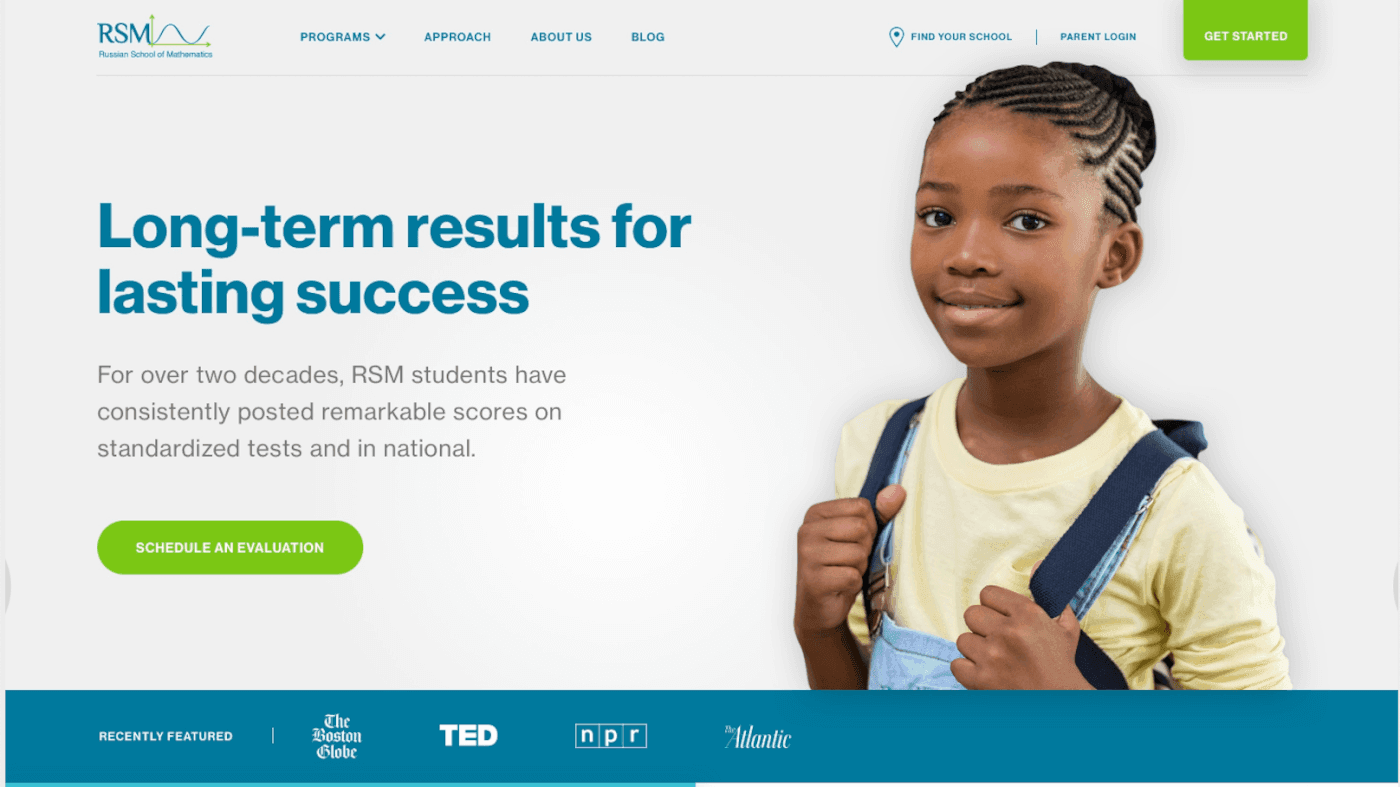 Young student with braided hair and backpack beside a blue headline about lasting success on a white hero, with a green Schedule an Evaluation button.