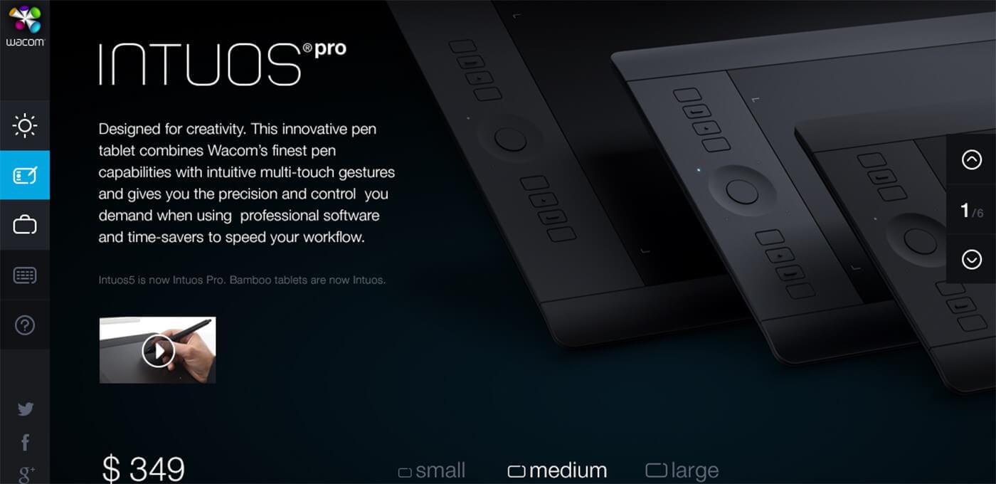 Dark marketing page for Wacom Intuos Pro tablets, with a vertical left toolbar, large Intuos Pro title, a hand drawing with a stylus, and $349.