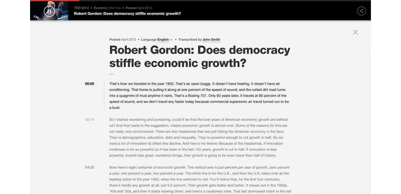 Screenshot of a TED talk article page titled "Robert Gordon: Does democracy stifle economic growth?" with transcript text and time stamps on the left.
