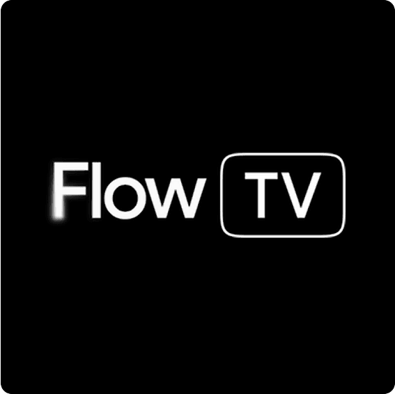 Flow TV logo on black background: white “Flow” text with a rounded-rectangle outline surrounding the letters “TV.”