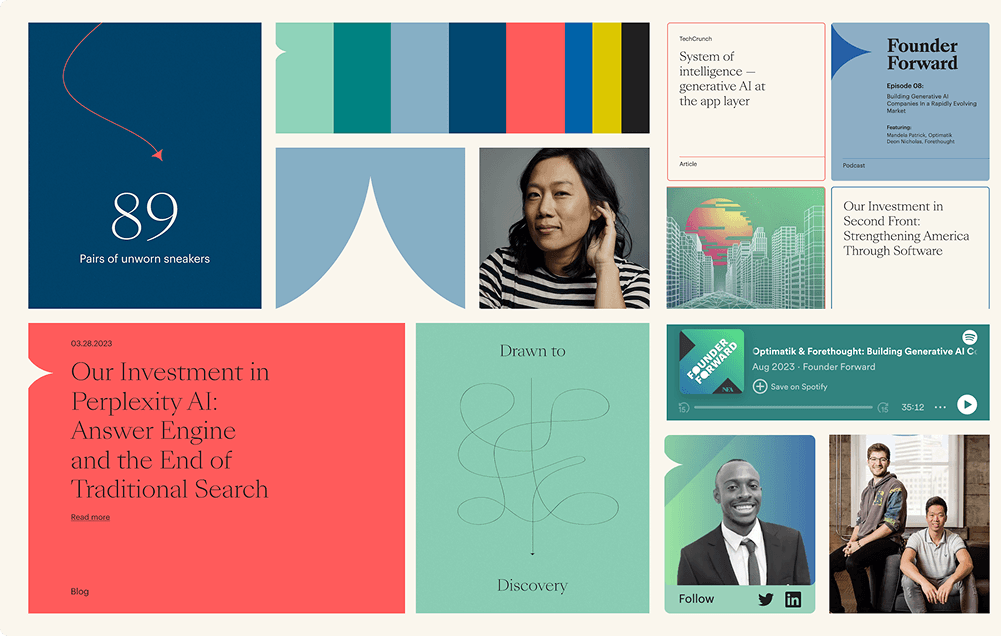 Collage-style grid of article cards, color swatches, and images, including a portrait of a person and a blue card reading "89 Pairs of unworn sneakers."