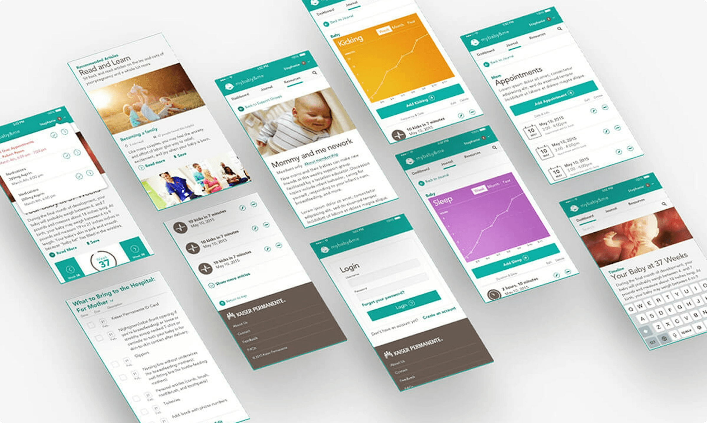 Several angled smartphone screens showing a teal-accent maternity/baby app with articles, baby photos, graphs, and appointment sections.