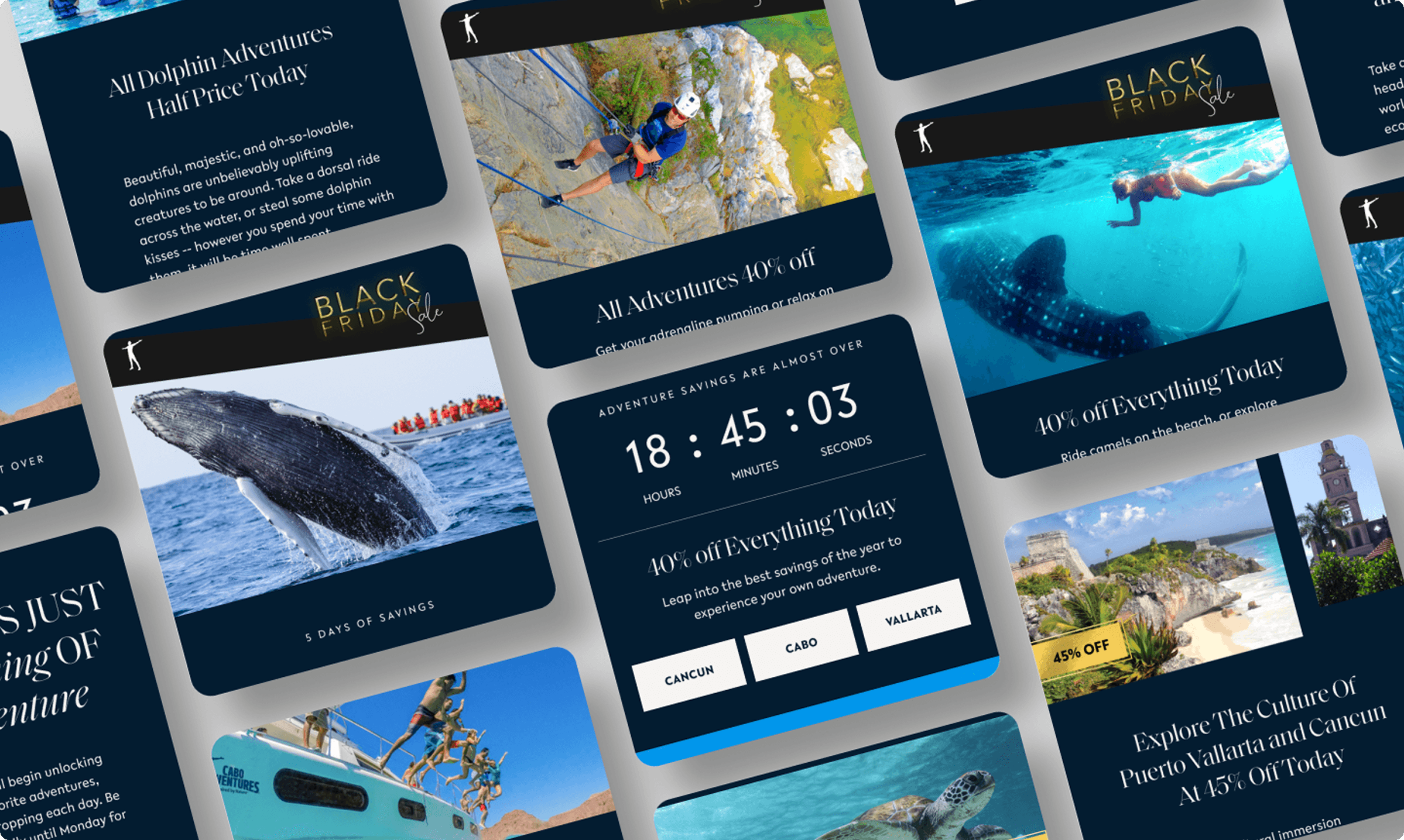 Collage of dark blue travel promo cards with adventure scenes (whales, snorkeling, cliffs, beaches) and Black Friday/40% off banners.
