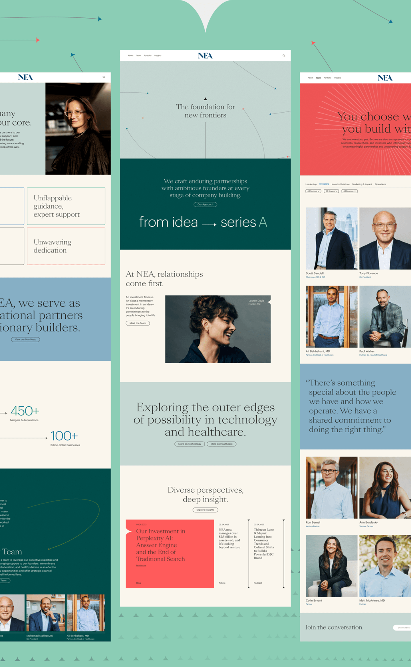 Three NEA website mockups: left with portrait and info tiles, center hero 'from idea → series A', right with red header and team photos.