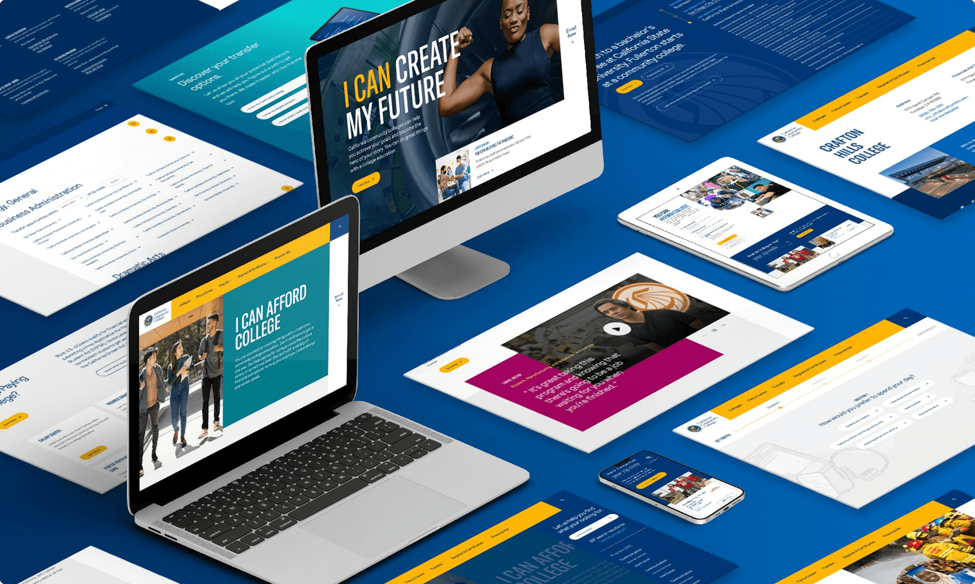 Blue backdrop with a desktop monitor, laptop, tablet, and smartphone showing vibrant education websites and bold headlines.