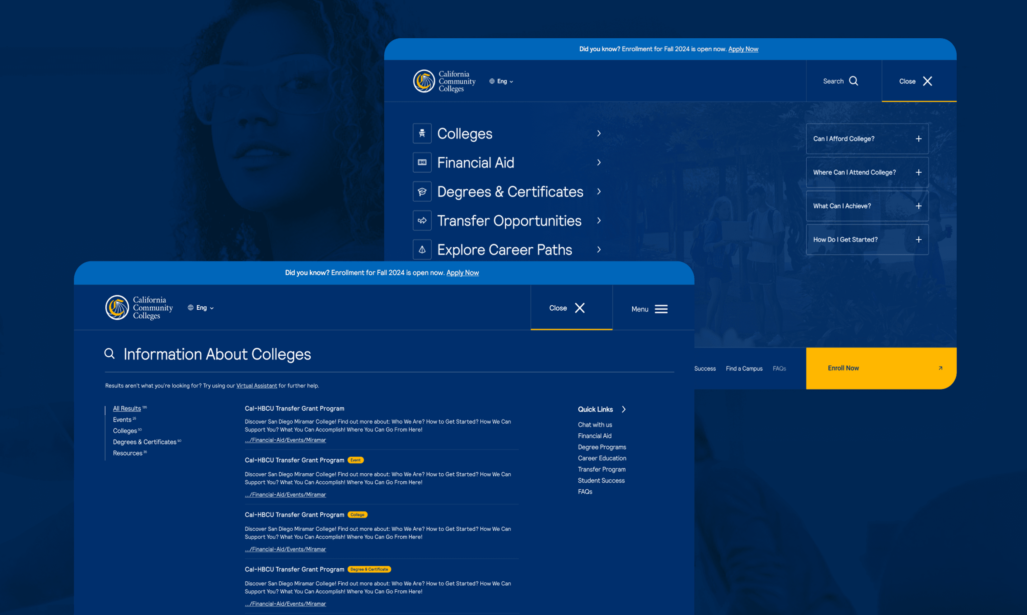 Blue-tinted screenshot of the California Community Colleges site showing a top navigation with Colleges, Financial Aid, Degrees & Certificates, Transfer Opportunities, Explore Career Paths and a yellow Enroll Now button; faint background figure.