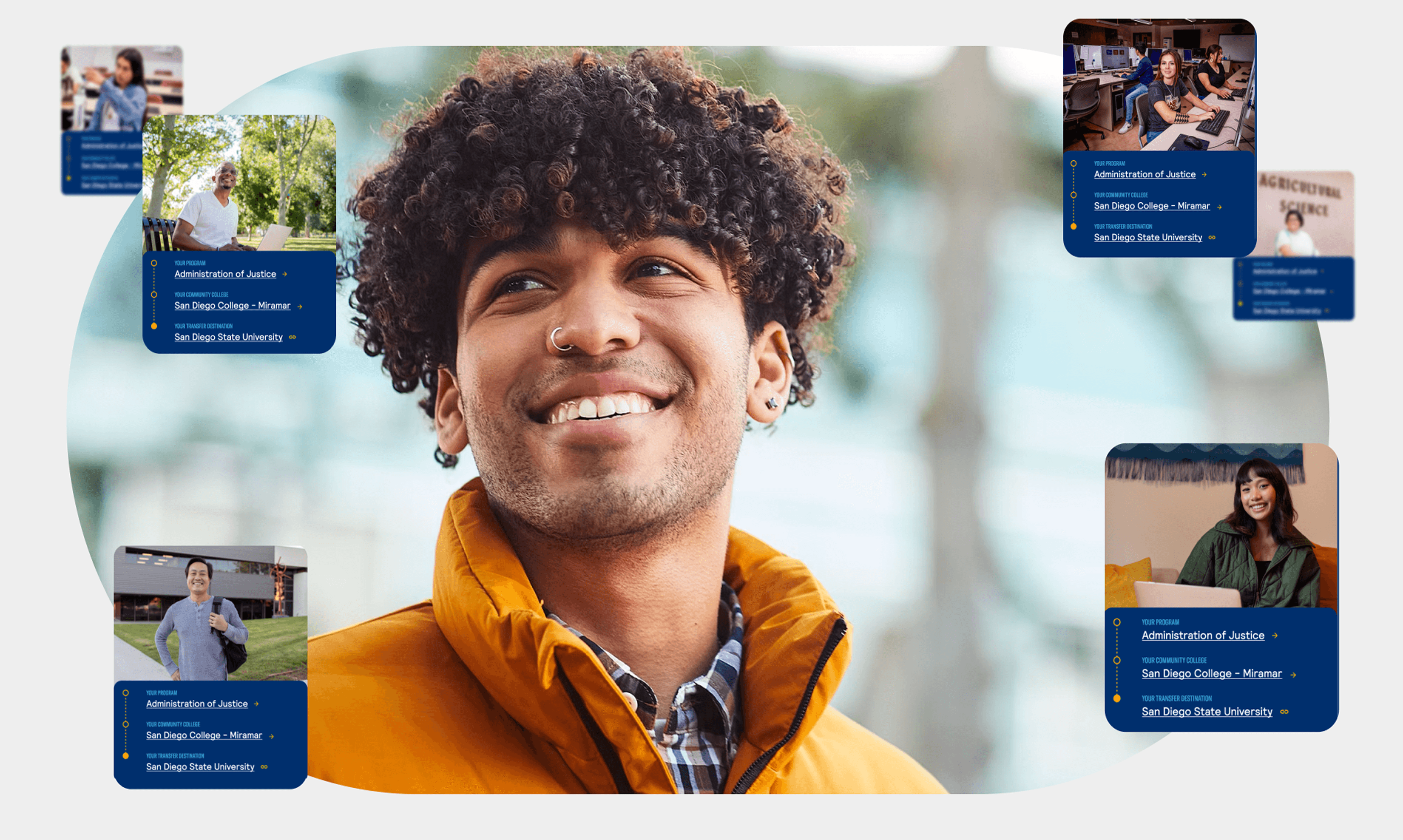 A person with curly hair smiles, wearing an orange jacket, surrounded by floating blue college program cards against a soft blurred background.