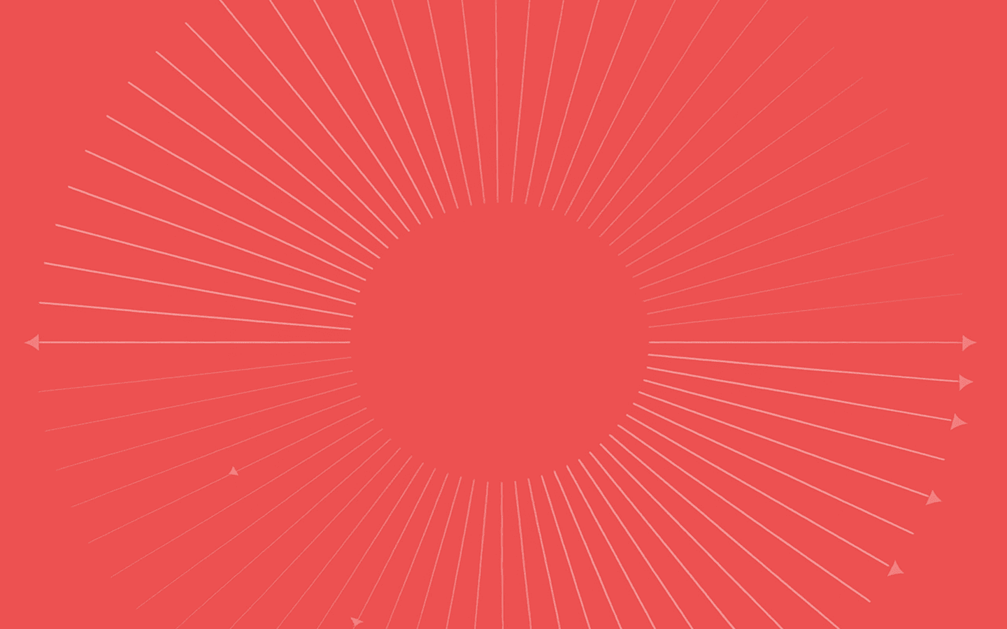 Coral background with a central coral circle and many white radial lines ending in small arrowheads, radiating outward in a sunburst pattern.