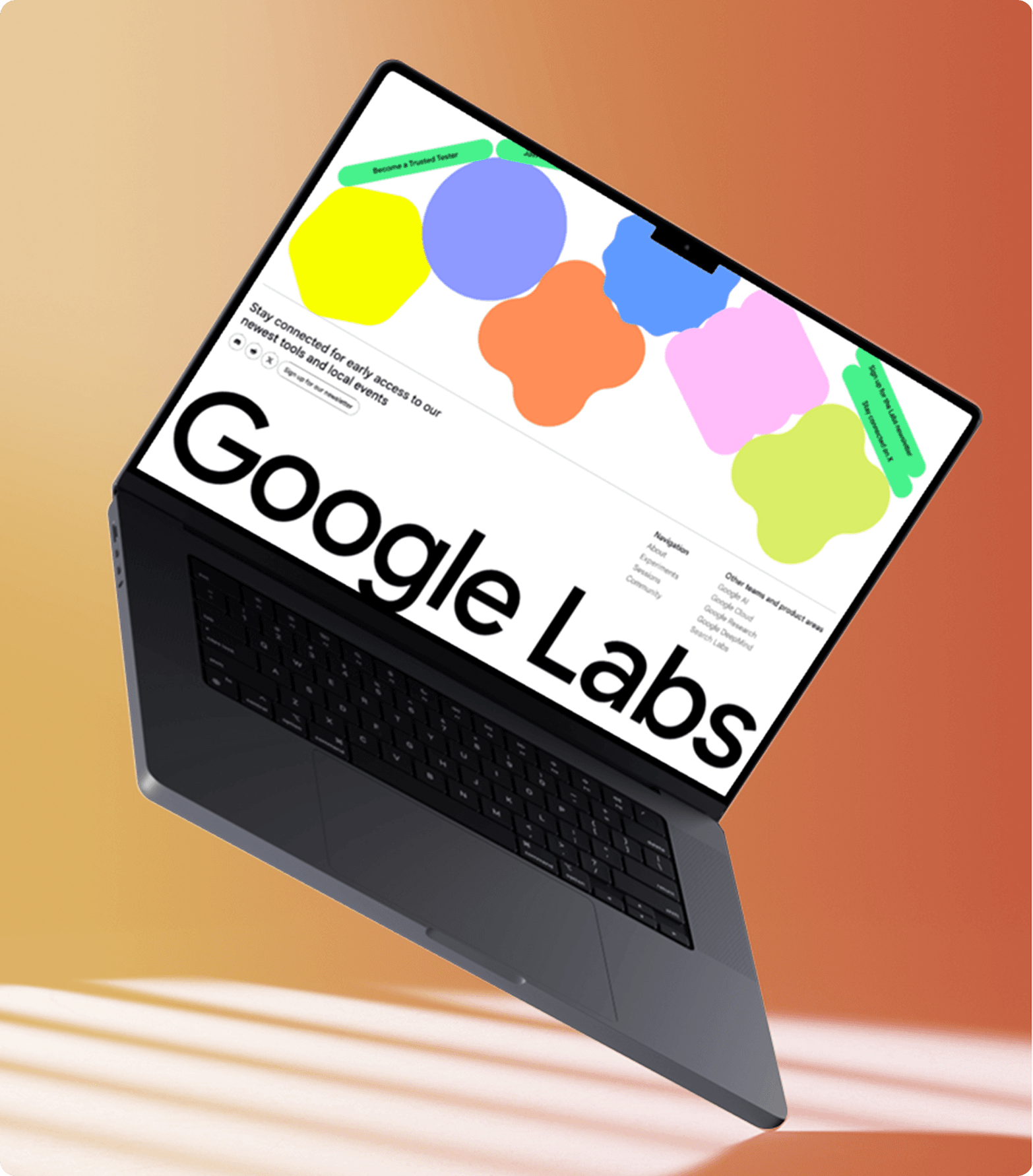A tilted laptop displays a Google Labs screen with colorful abstract shapes on a bright display, set against a warm orange gradient background.