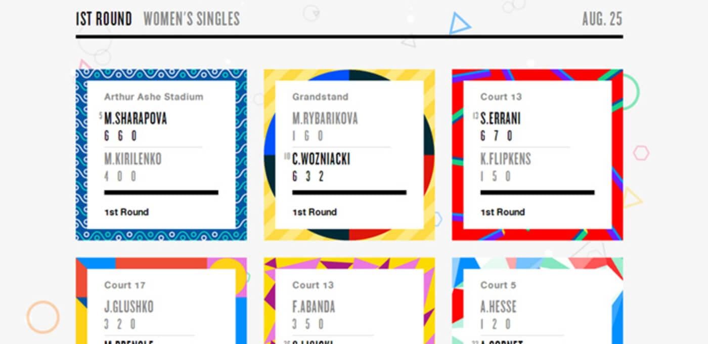 Six colorful bordered scorecards in a 3x2 grid showing 1st Round Women's Singles matches, with court numbers, players' names, and set scores.