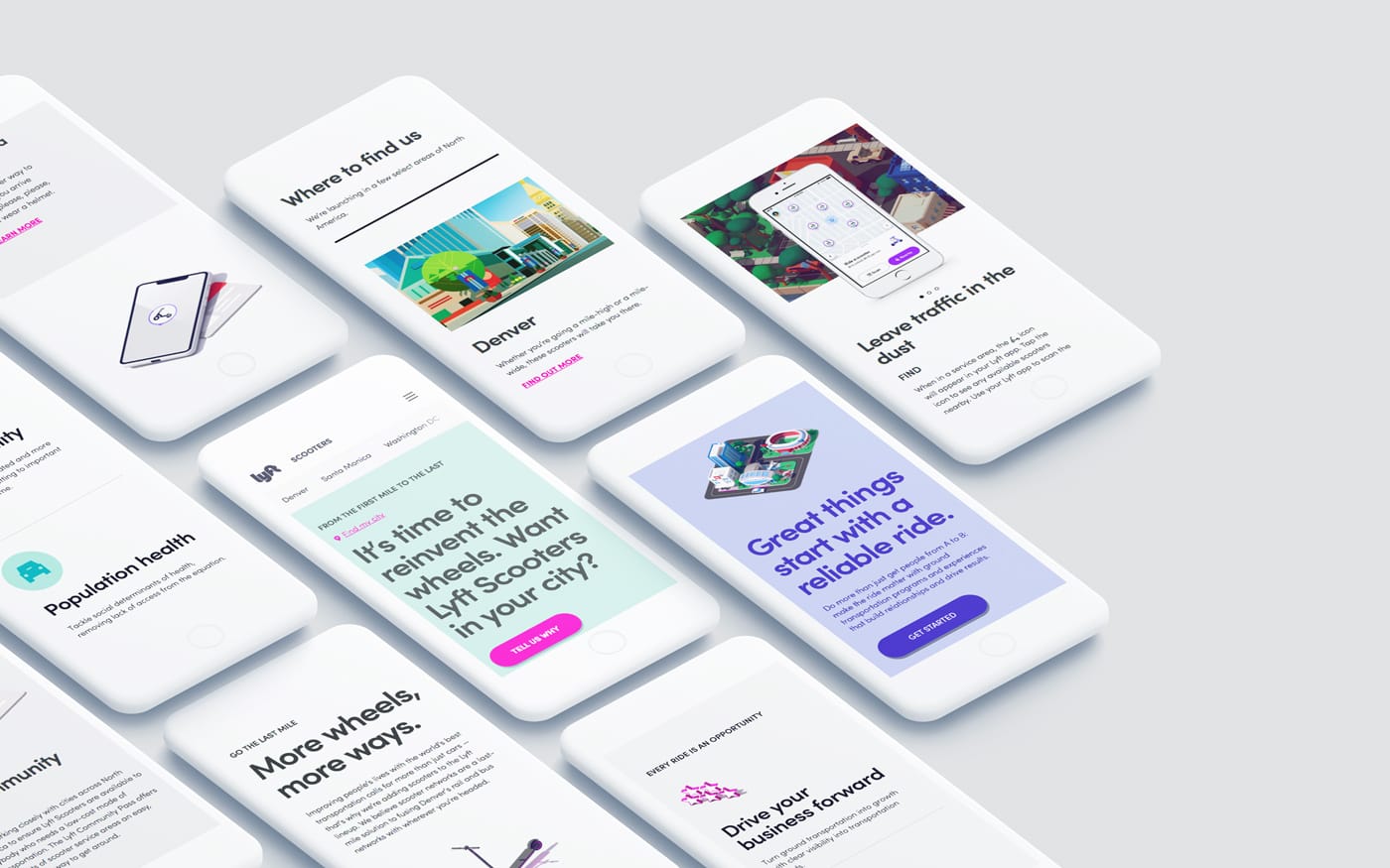 Several white rounded smartphones tilted on a light gray backdrop, displaying colorful app screens with city images and ride-sharing UI mockups.