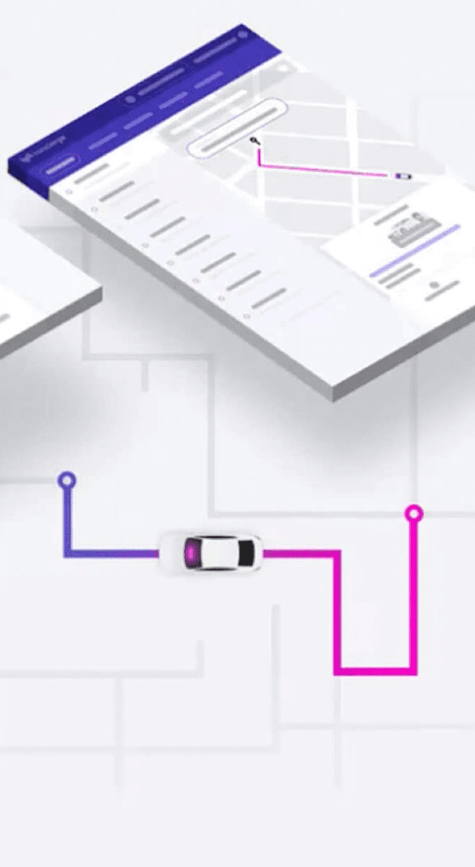 Isometric illustration of a white car on magenta and purple navigation lines across a minimalist map, with a tilted device panel showing steps.