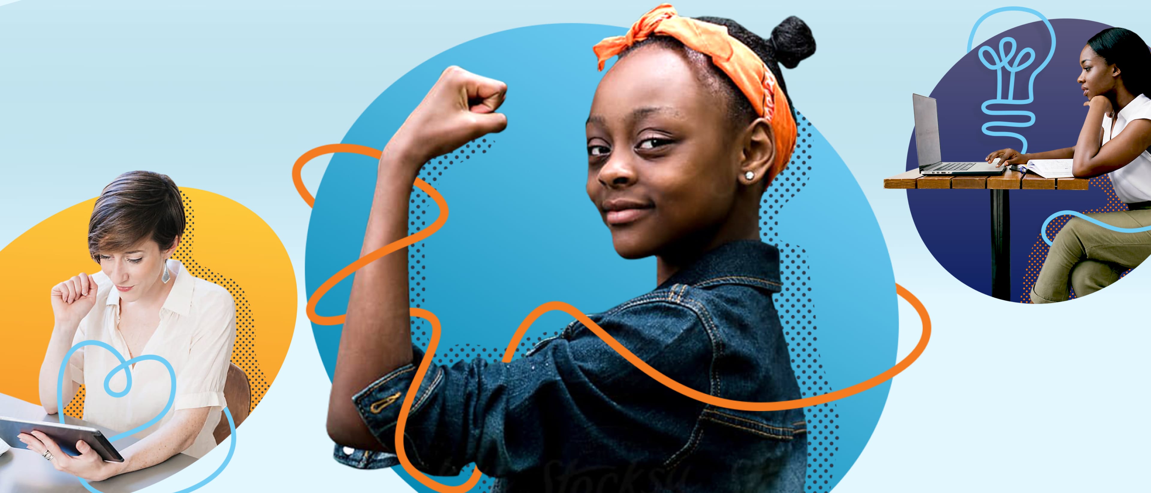 Colorful collage of three people: left reading a tablet, center with an orange headband flexing an arm, right at a laptop under a lightbulb graphic.